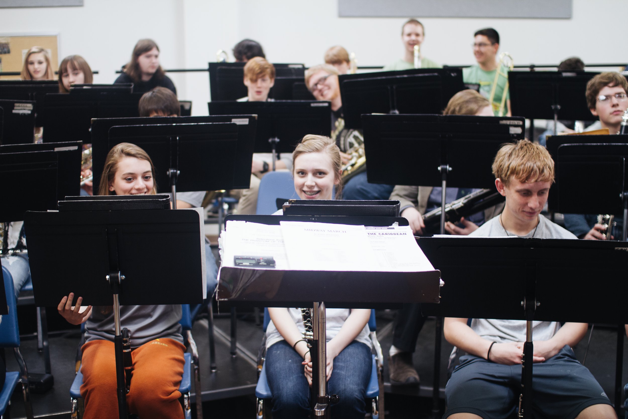 Columbia Falls High School students practicing their instruments in band practice.