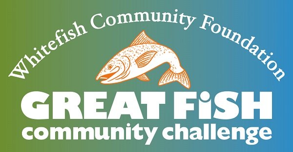 Logo for the Whitefish Community Foundation Great Fish Community Challenge featuring a stylized fish illustration and green to blue gradient background.