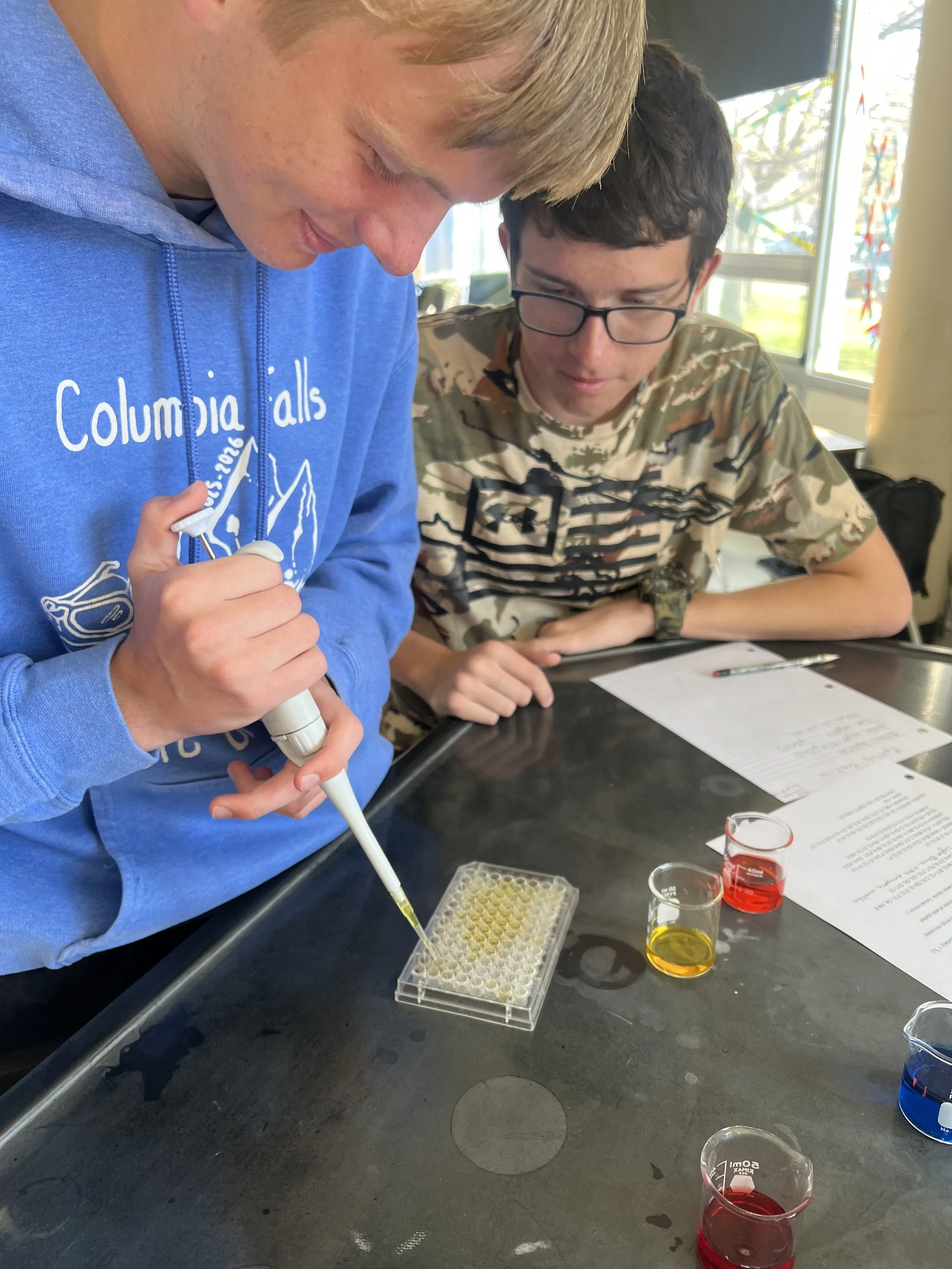 Columbia Falls Junior High students conducting a science experiment in a classroom. One is using a pipette to transfer liquid to a test tube.