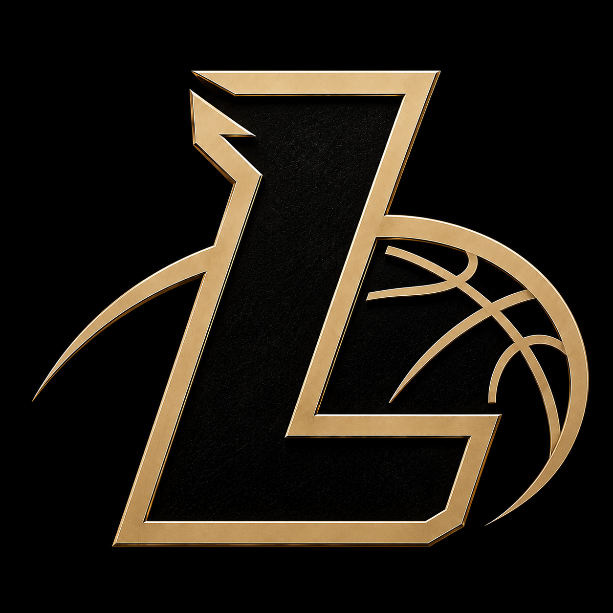 A stylized letter 'L' with a gold outline and a black interior, intertwined with a gold basketball logo on a black background.