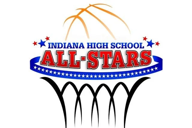 Logo for Indiana High School All-Stars featuring a basketball and a hoop.