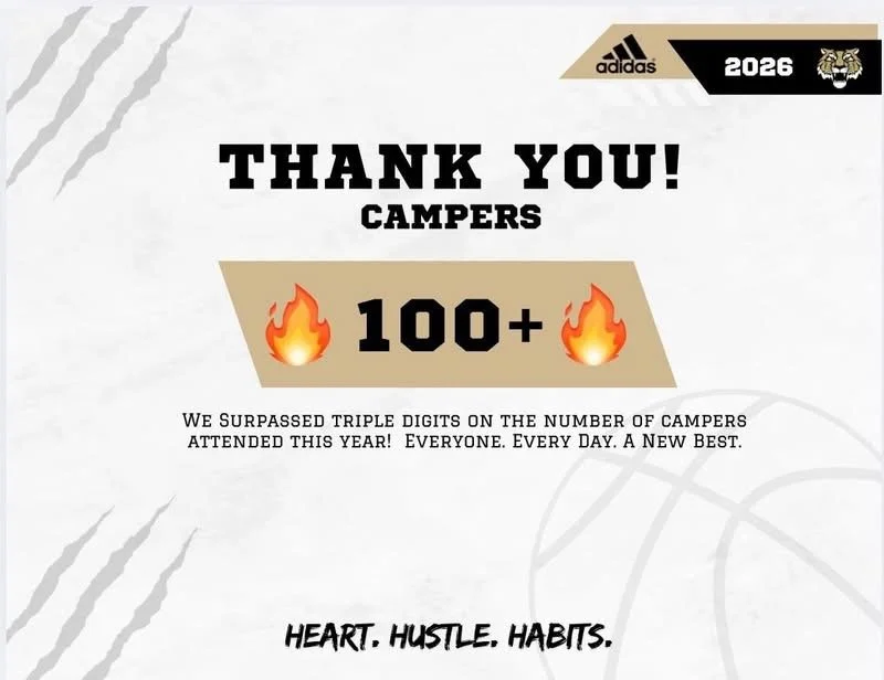 A thank you message for campers, celebrating over 100 participants this year, with a focus on heart, hustle, and habits. The image includes logos of Adidas and a lion, the year 2026, and mentions surpassing triple digits in attendance.