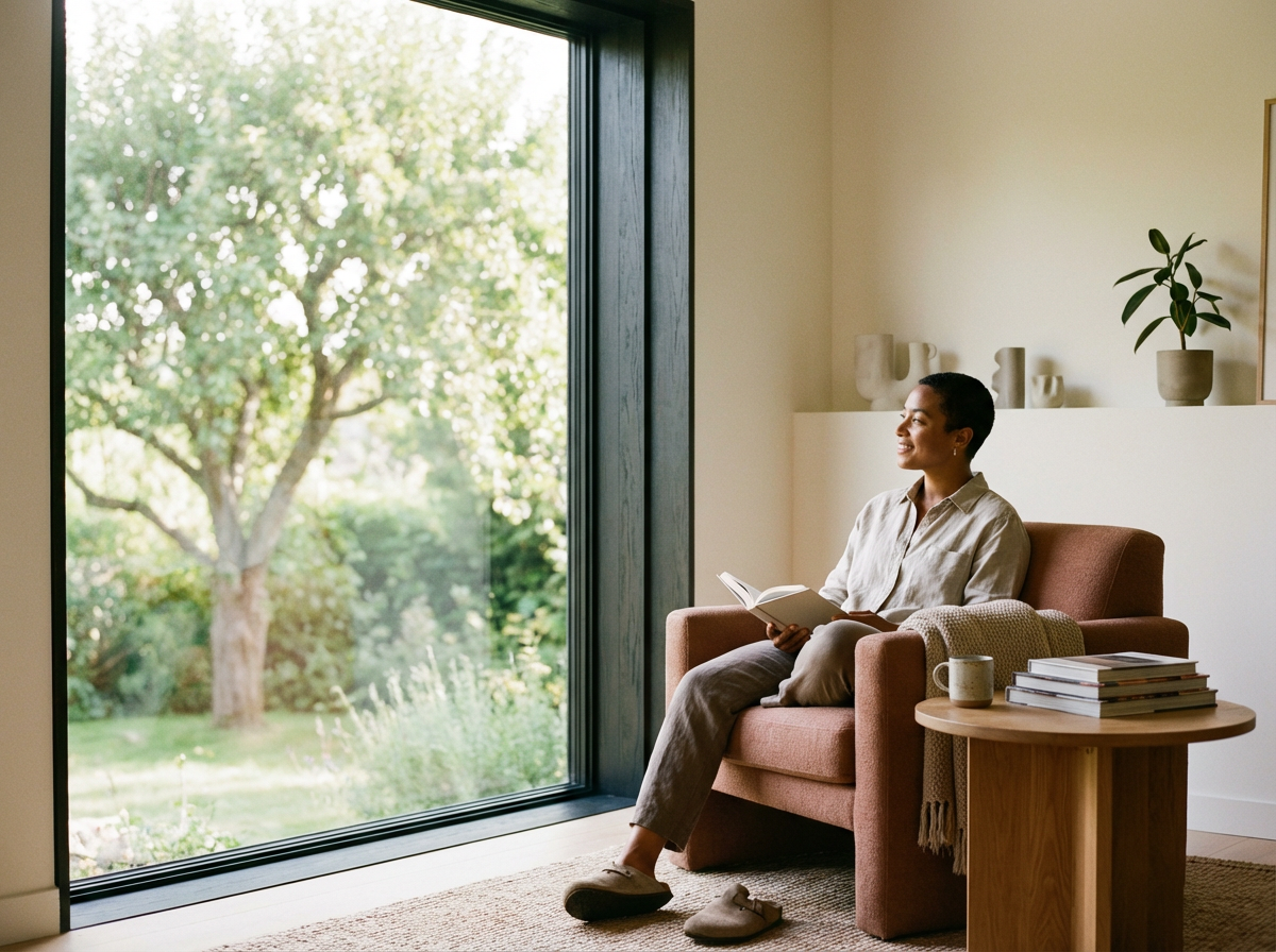 A woman sitting on a pink armchair by a large window, holding a book and smiling. Next to her is a small round wooden table with a stack of books and a mug. The room has neutral-colored walls and decorative vases and a potted plant on a shelf.