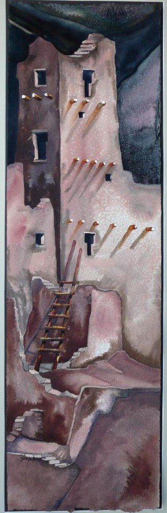 A watercolor painting of an ancient adobe pueblo with multiple small windows, a ladder leading to an opening near the bottom, and wooden beams extending from the walls, set against a mountainous background.