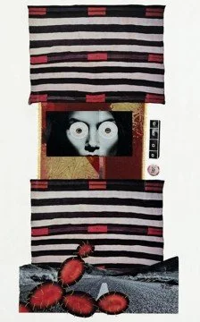 A collage featuring a puppet with a white face and large eyes peering through a window, surrounded by black and white striped patterns, red accents, and several red crabs on a rocky surface.