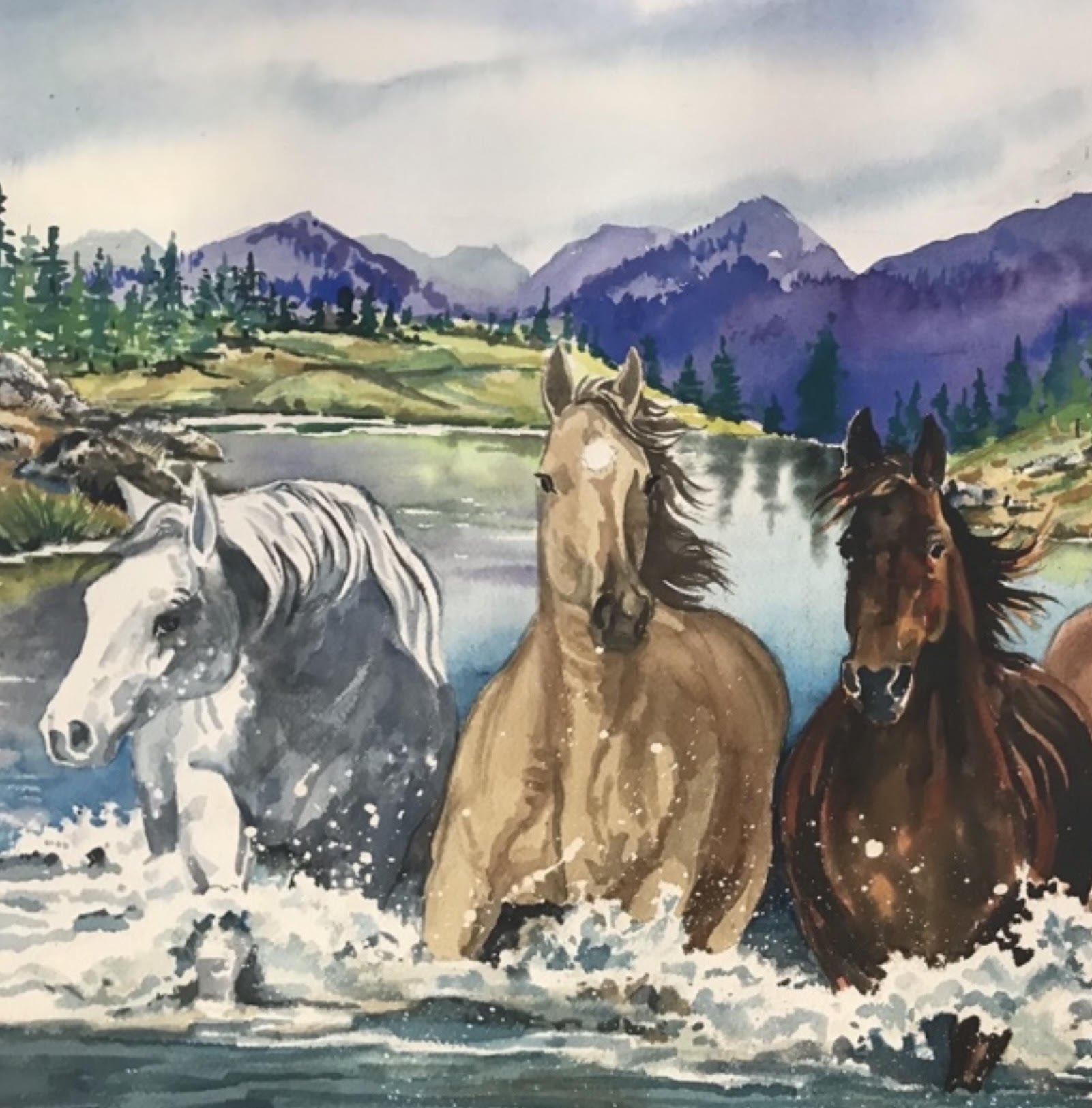Painting depicting horses running through a lake, watercolor by Pat wiles