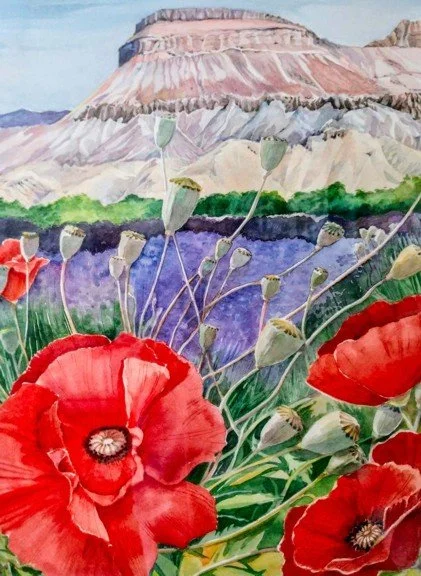 Watercolor painting of a mountain landscape with red poppies and other wildflowers in the foreground.