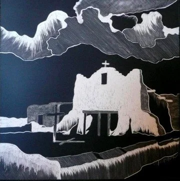 A stylized black and white drawing of a small church with a cross on top, set against a dark cloudy sky.