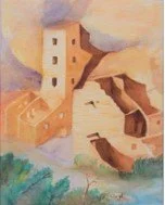 A painting of buildings with earthy tones and rooftops, set against a sky with soft pastel colors, surrounded by trees and landscape.