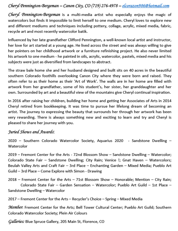 Text about Cheryl Pennington-Bergeman, a multimedia artist in Canon City, Colorado, describing her love for watercolor art, her influences, background, and achievements, including exhibitions and awards.