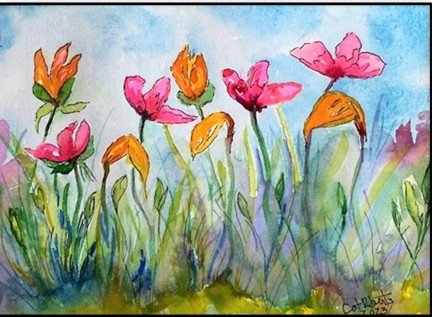 Watercolor painting of colorful flowers in pink, orange, and yellow with green stems and leaves against a light blue background.