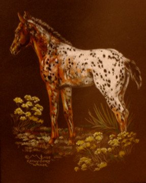 A painting of a dappled horse standing in a grassy area with plants around it.