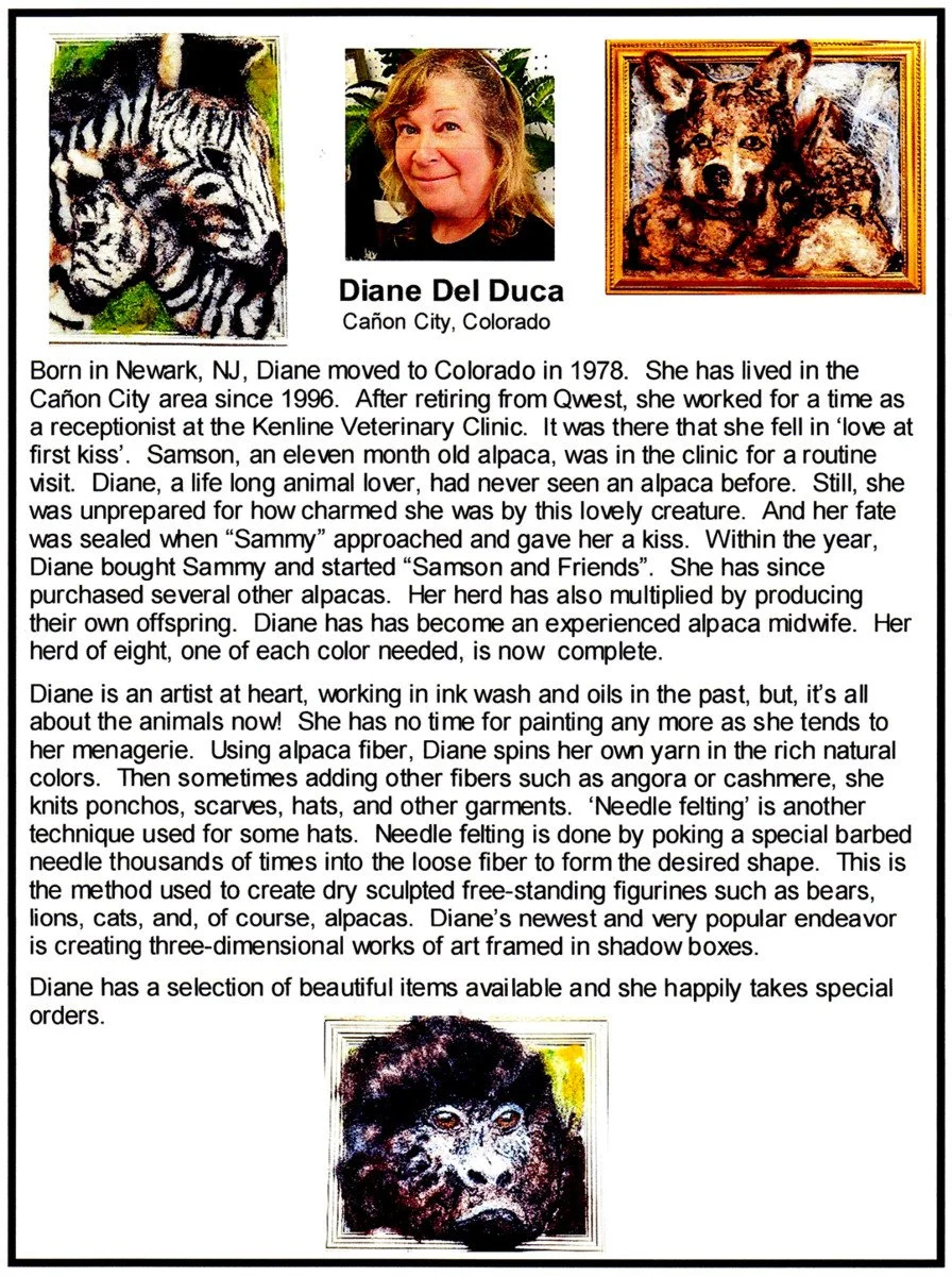 A collage of three images and a block of text about Diane Del Duca, a Colorado artist. The top left image two zebras. The top center is a portrait of a woman with blonde hair, smiling. The top right is a framed painting of a brown and black puppy.