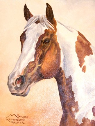 Painting of a horse's head with a brown and white coat.