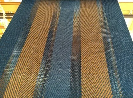 Close-up of a fabric with blue, yellow, and black stripes and a herringbone pattern.