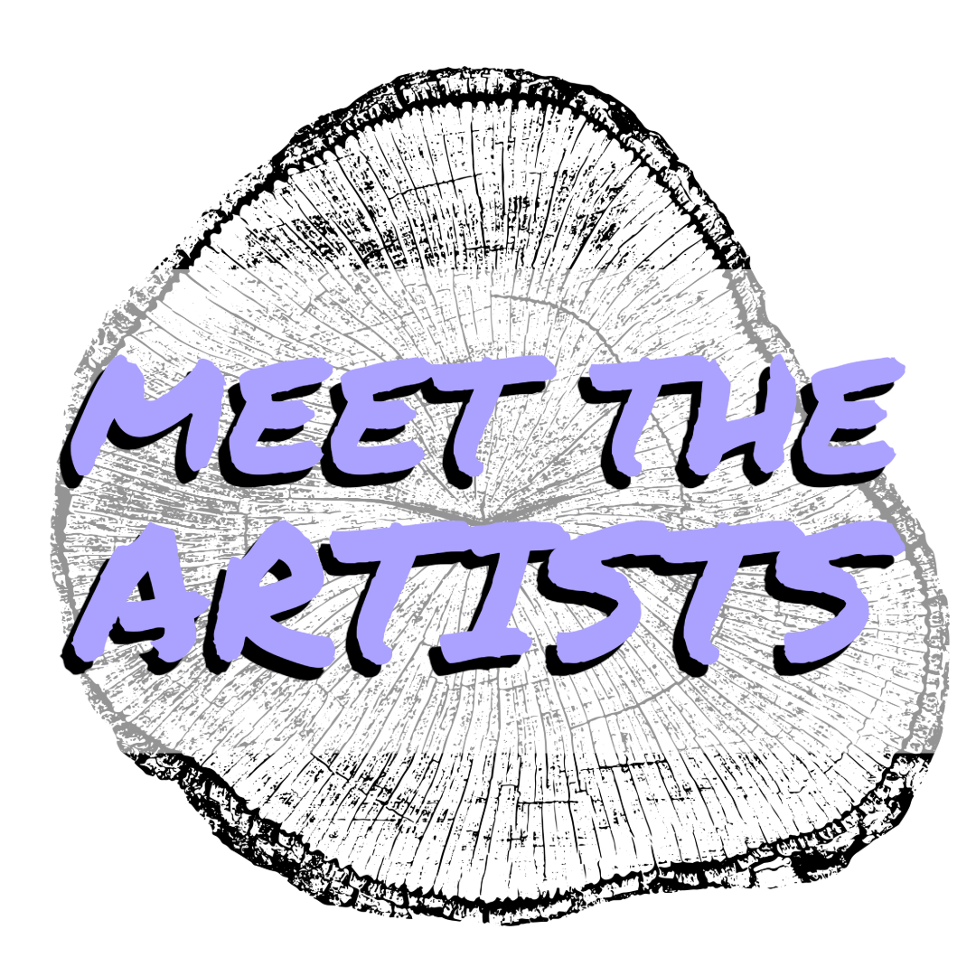Text overlay on a woodcut circle background says "Meet the Artists" in purple and black font.