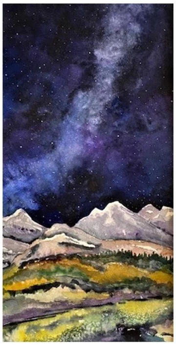 A watercolor painting of a mountain landscape under a starry night sky with the Milky Way galaxy visible above.