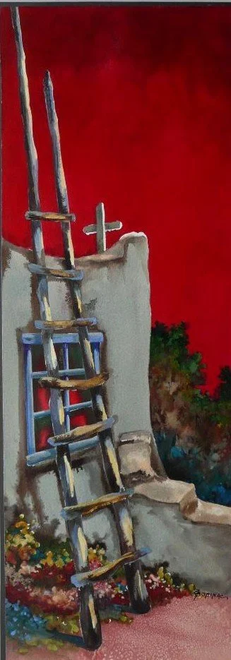 A ladder leaning against a white adobe wall with a cross on top, against a red sunset sky surrounded by some greenery and flowers.