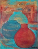 Painting of three vases—two blue and one red—set against a colorful background.