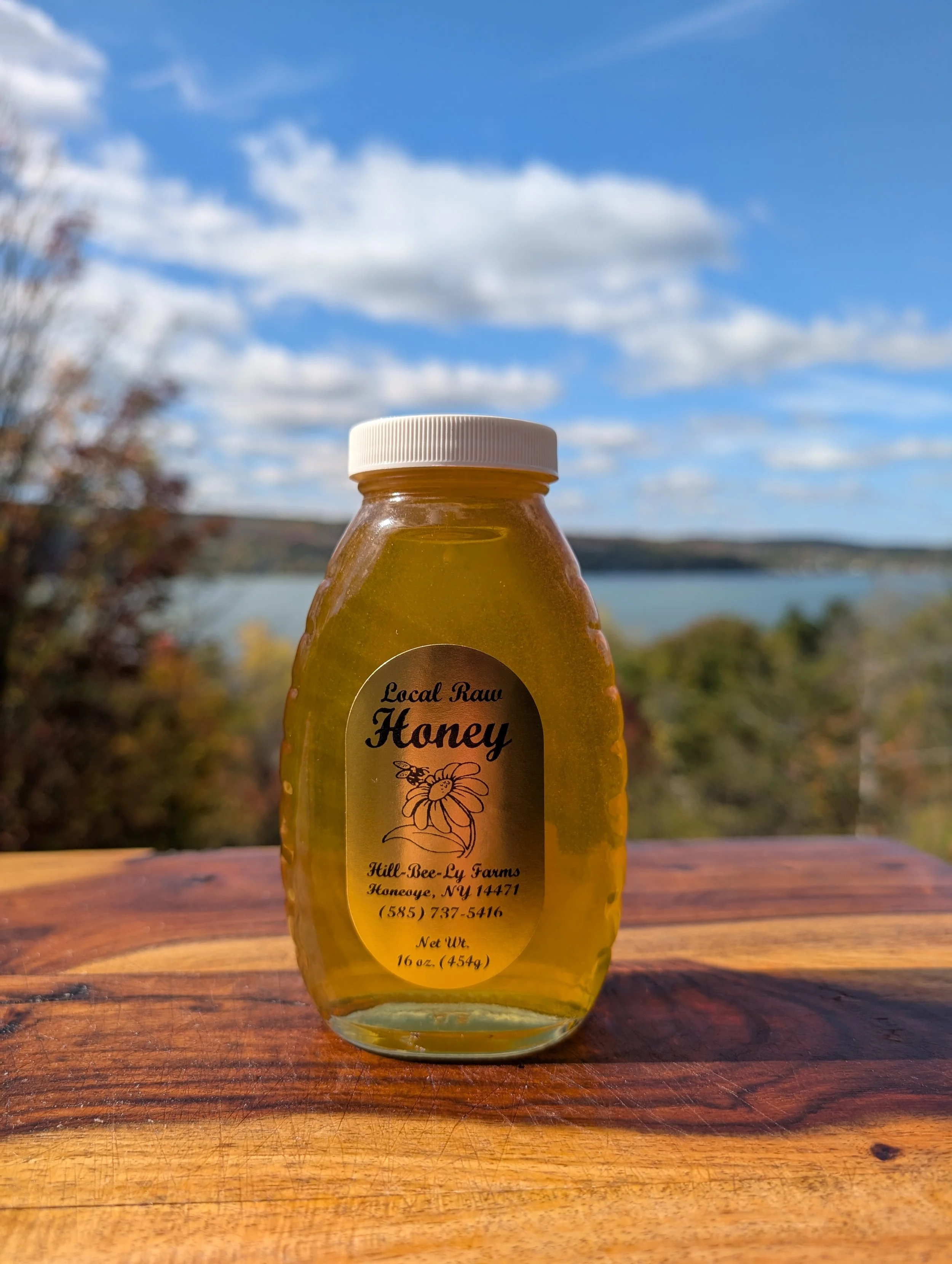 A jar of honey with a white lid, labeled as local raw honey from Hill-Bee-Ly Farms, Honey from Honeyoye, NY, with a scenic outdoor background featuring blue sky and clouds.