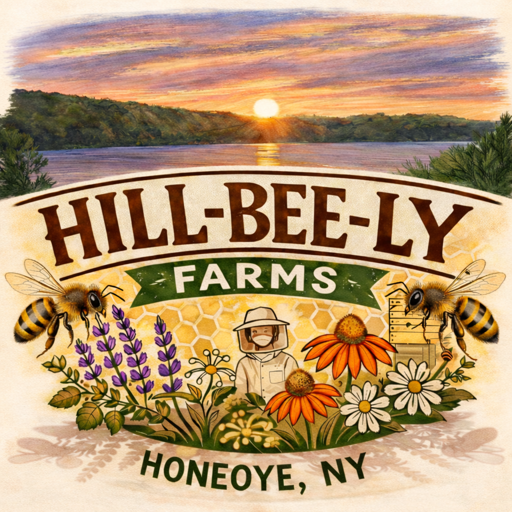 Illustration of a sunset over a river with green hills in the background, and a farm sign in the foreground. The sign reads "Hill-Bee-Ly Farms, Honeoye, NY" with images of bees, flowers, and a beekeeper.