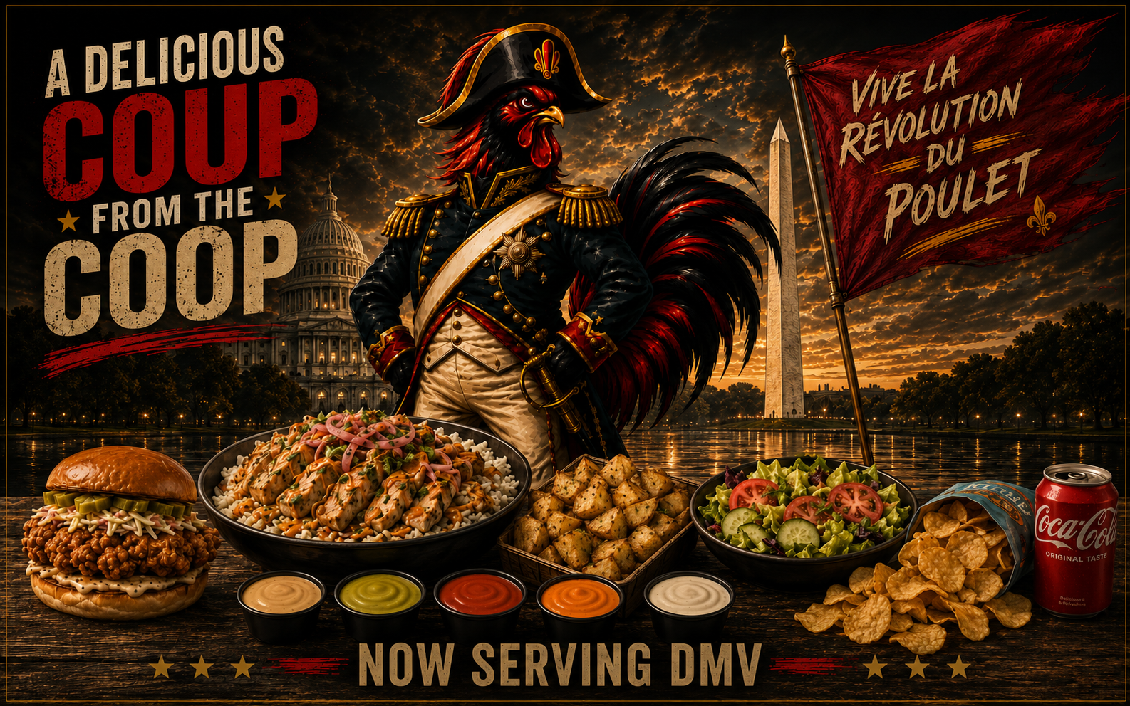 An illustration of a rooster dressed in a colonial military uniform with a tricorn hat, standing before the U.S. Capitol and Washington Monument at sunset, holding a red flag with French text and surrounded by fast food including a chicken sandwich, salad, fries, pasta, salad with tomatoes, and dipping sauces, with promotional text "A Delicious Coup from the Coop" and "Vive la Révolution du Poulet," advertising a new chicken meal service.