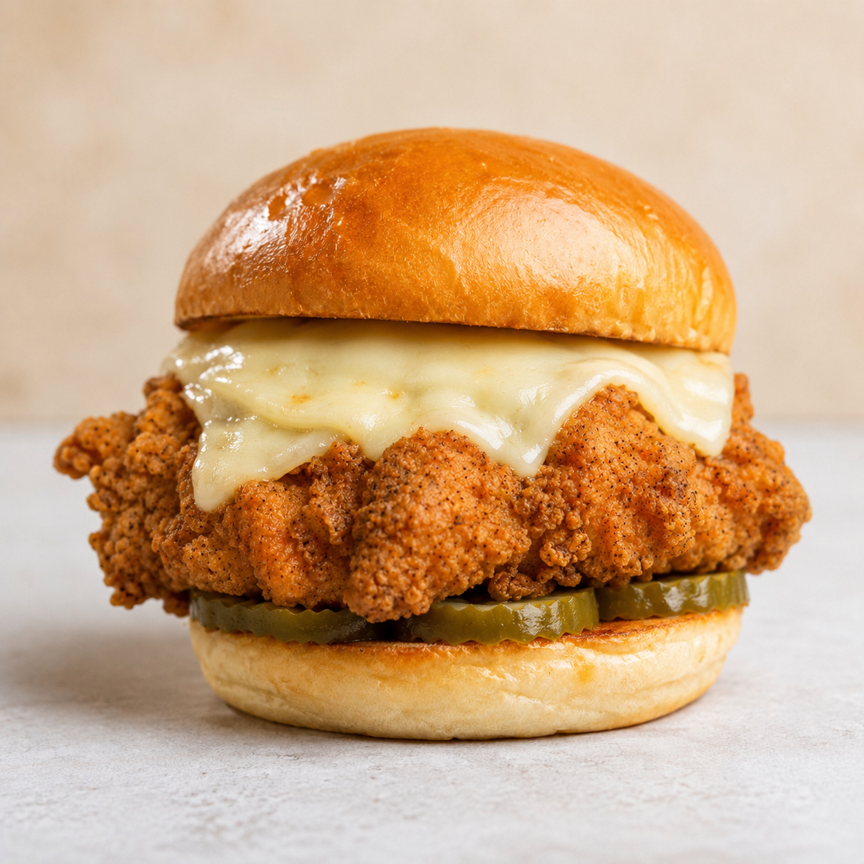 Close-up of a fried chicken sandwich with melted cheese, pickles, and a brioche bun.