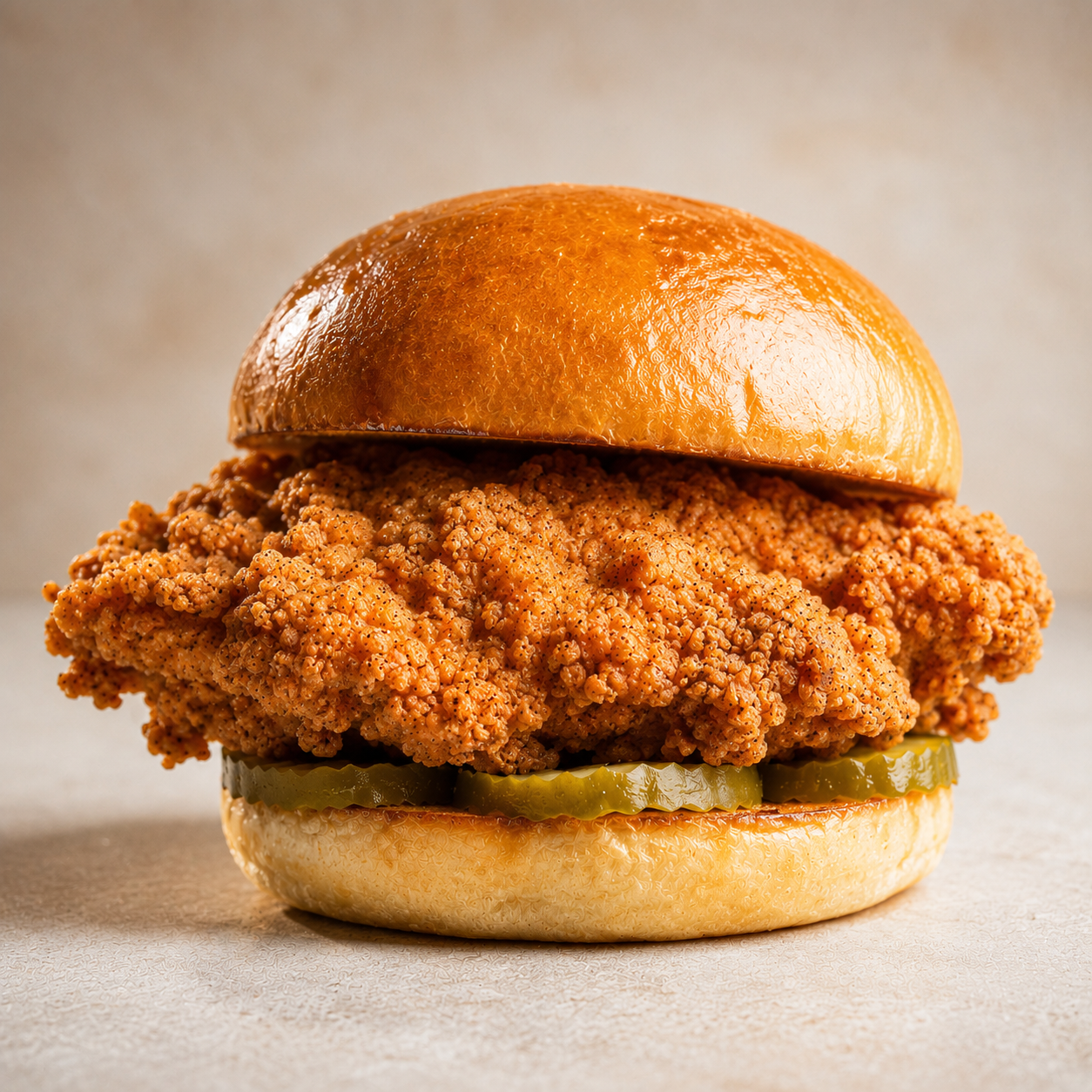 Close-up of a fried chicken sandwich with pickles in a bun.