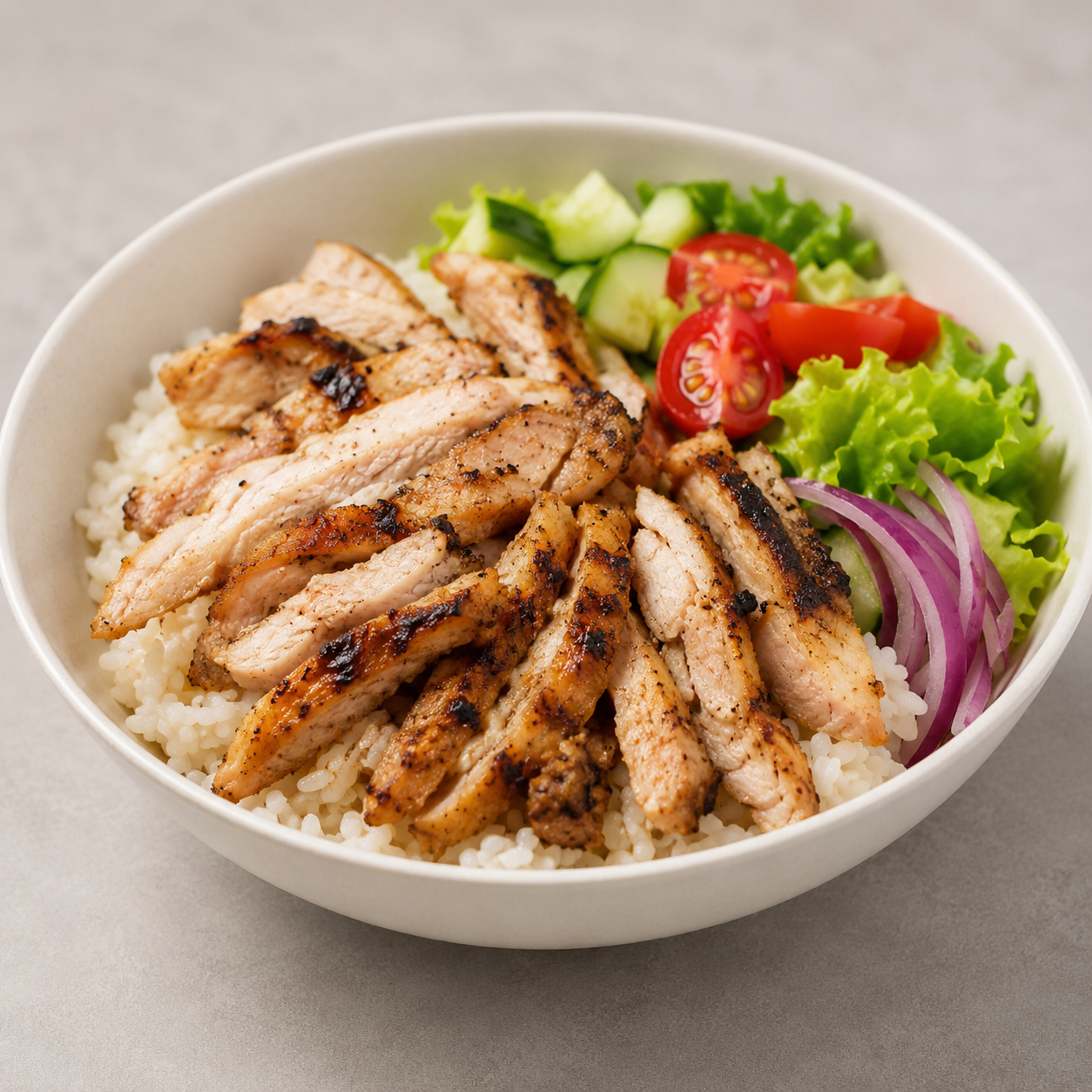Bowl of rice topped with grilled sliced chicken, side salad with cherry tomatoes, cucumber, lettuce, and sliced red onion.