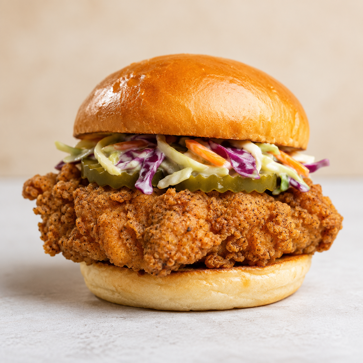 Fried chicken sandwich with coleslaw and pickles on a shiny bun.