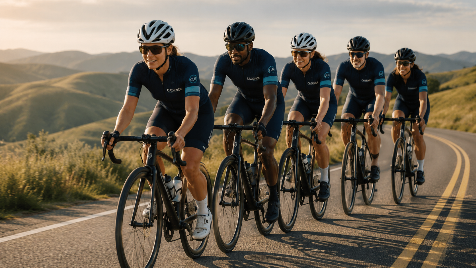 Image of a team of cyclist working together to move the peloton forward