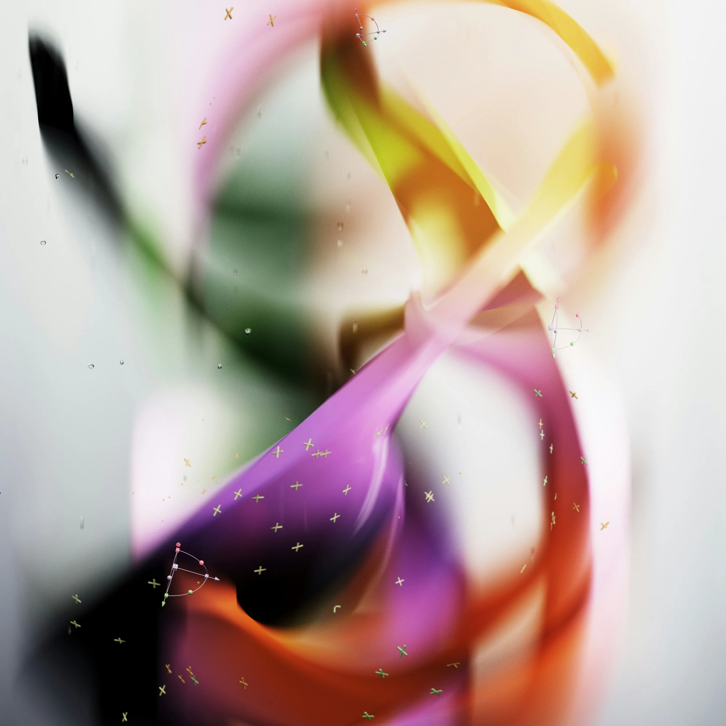 Abstract image with blurred colors including pink, yellow, green, orange, and black, with scattered small colorful 'x' shapes and some of the shapes resembling molecular structures.