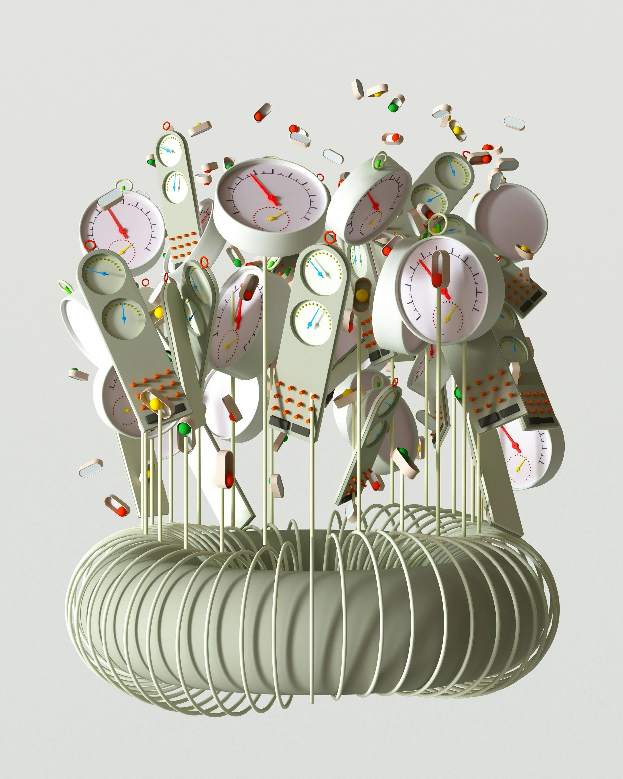 A collection of vintage clocks with various colored hands and numbers, arranged on a white base and surrounded by scattered pills and capsules, against a plain white background.