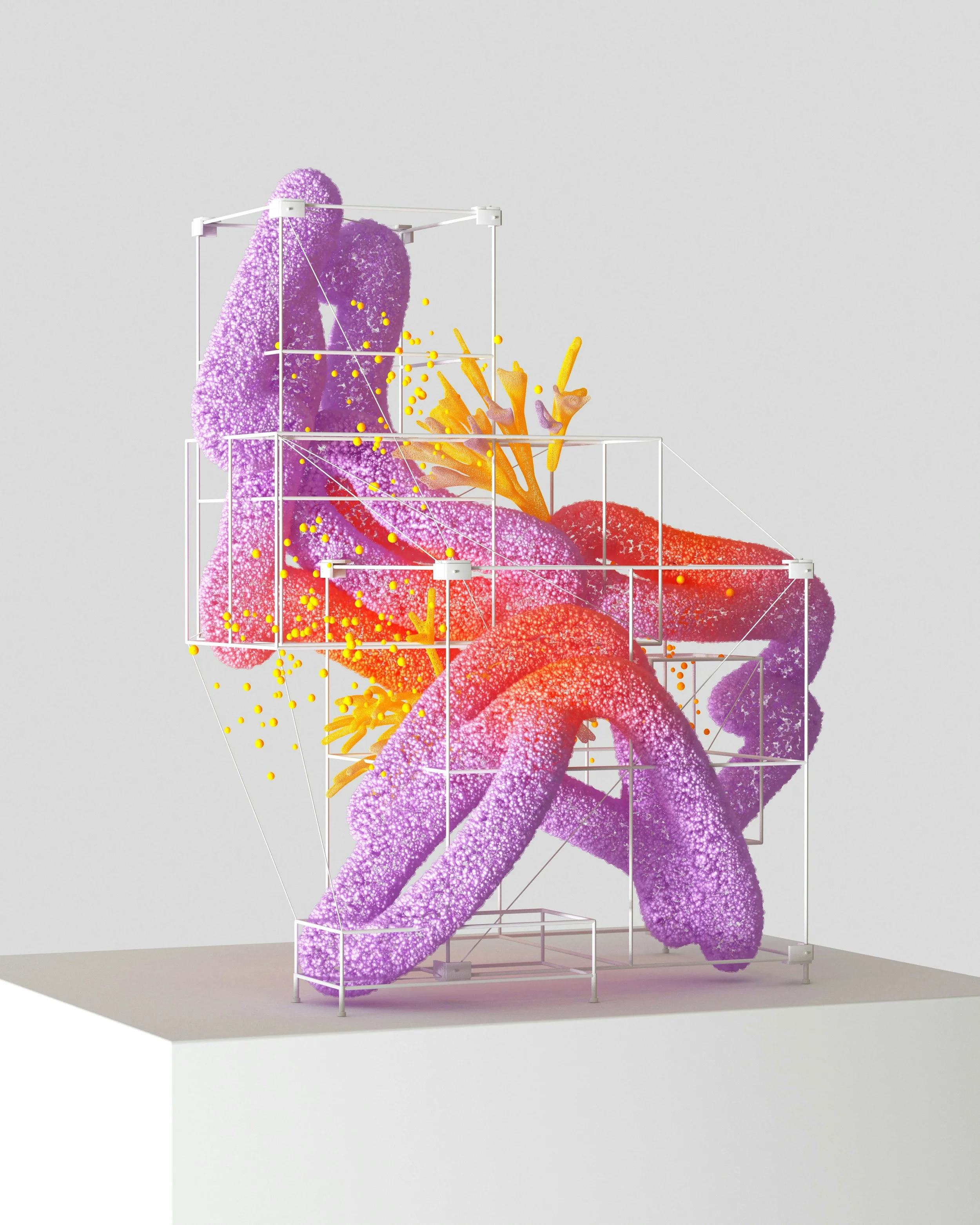 A digital art installation featuring a grid-like structure with a purple, amorphous, textured shape reminiscent of a whale, and orange coral-like structures with yellow dots, all set against a light gray background.