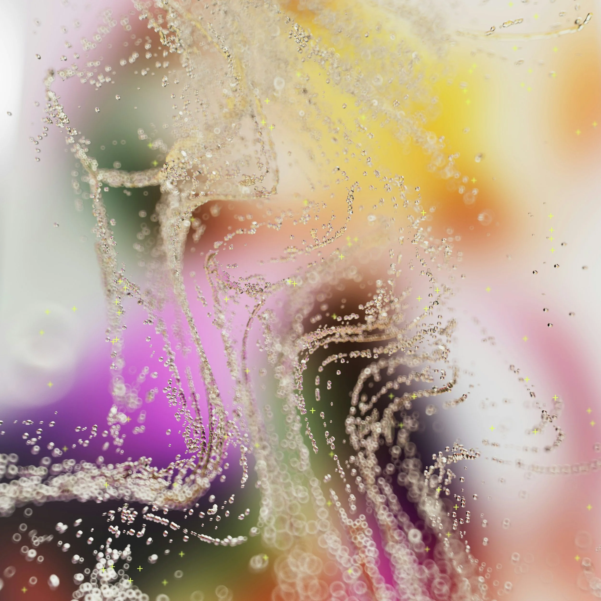Close-up of a spiderweb with dew droplets and blurred colorful background.