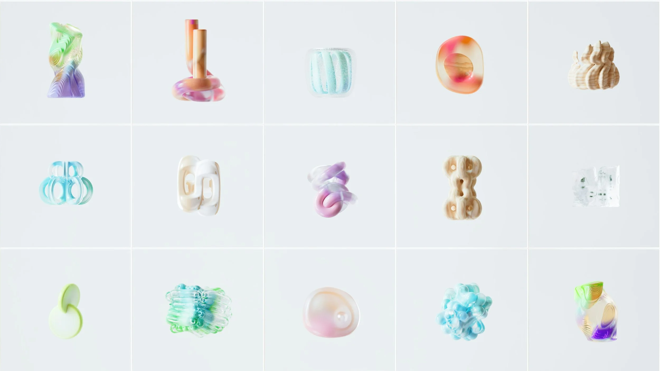 A grid of 15 colorful, abstract glass sculptures with various shapes and pastel colors on a white background.