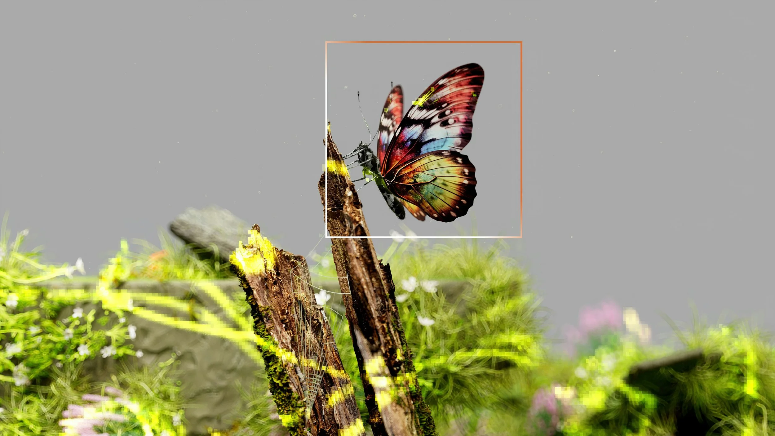 A butterfly with multicolored wings resting on a piece of brown wood with green moss or lichen, with a blurred green grassy background.