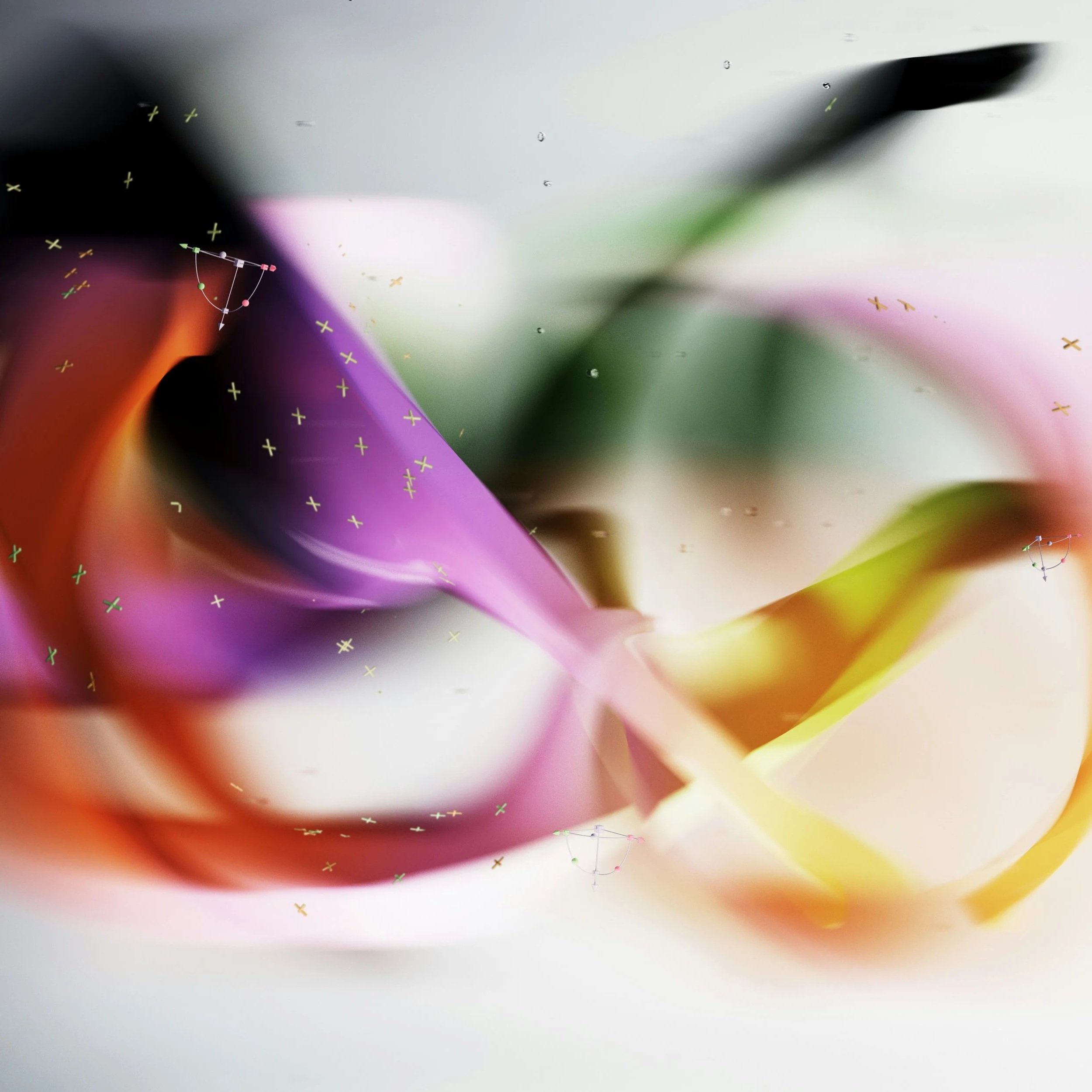 Close-up of a computer screen displaying colorful abstract background with overlapping shapes in purple, green, yellow, and orange, and small digital elements like formatted nodes and lines.