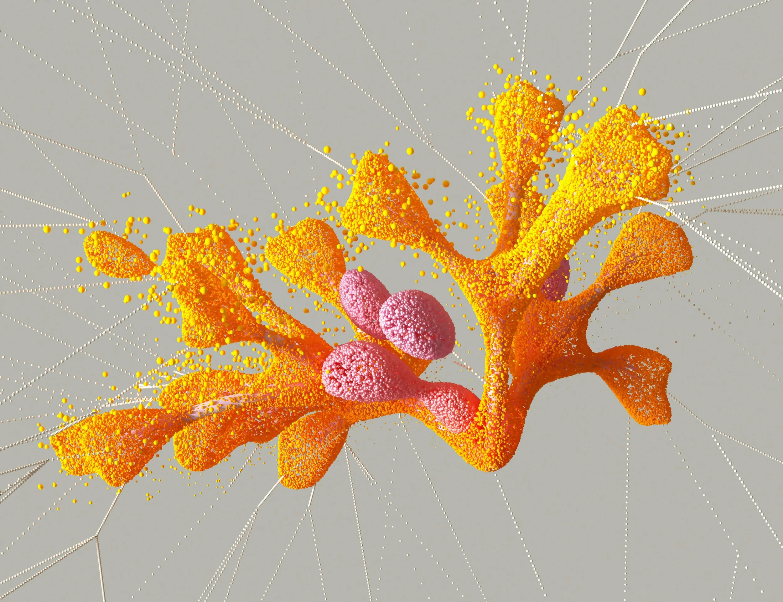 Abstract digital art with bright orange and pink shapes resembling coral, interconnected with white dotted lines and yellow dots in the background.