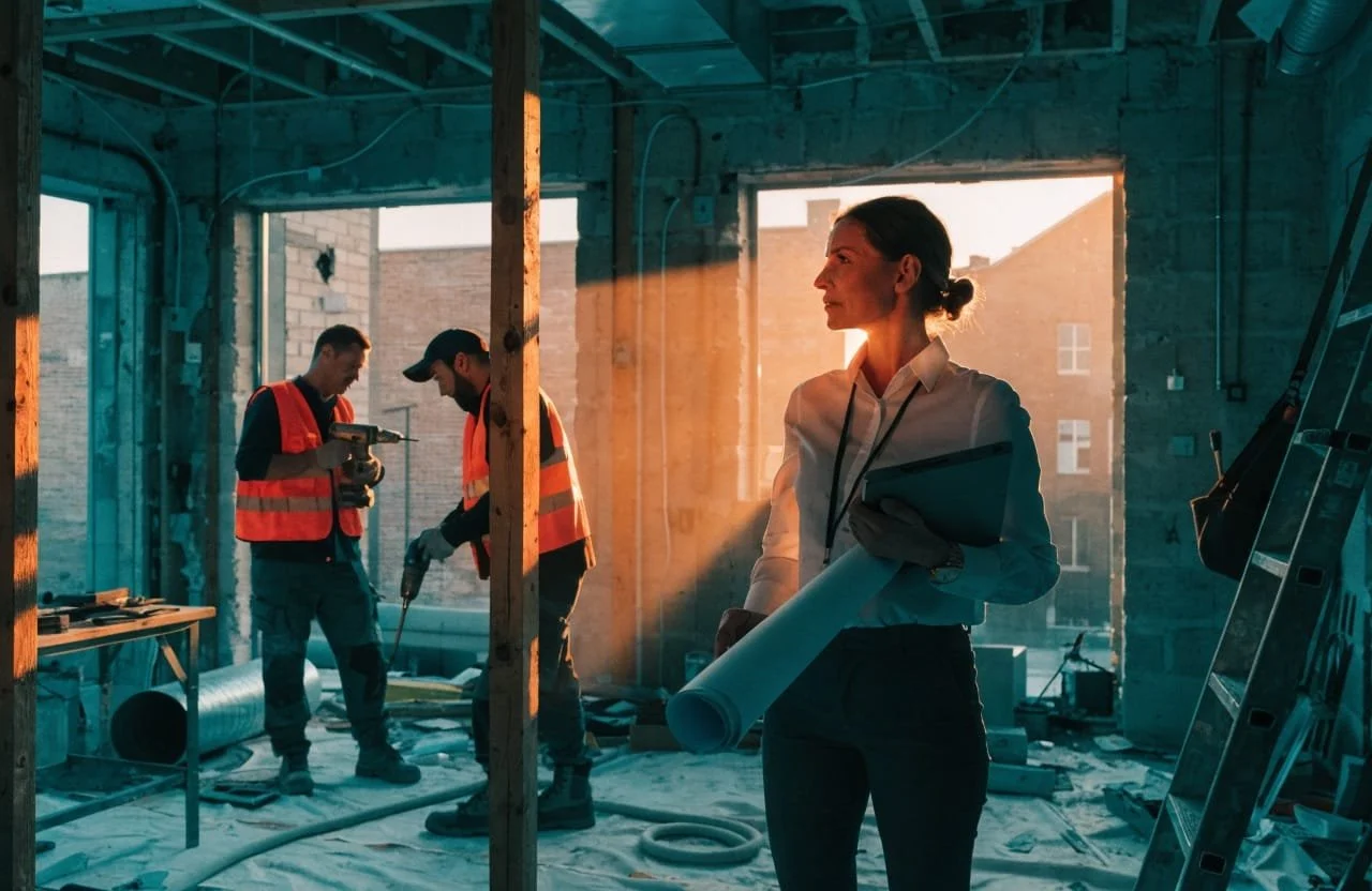 Construction site with three workers and a woman holding blueprints, some workers measuring and inspecting, in a partially built brick building during sunlight.