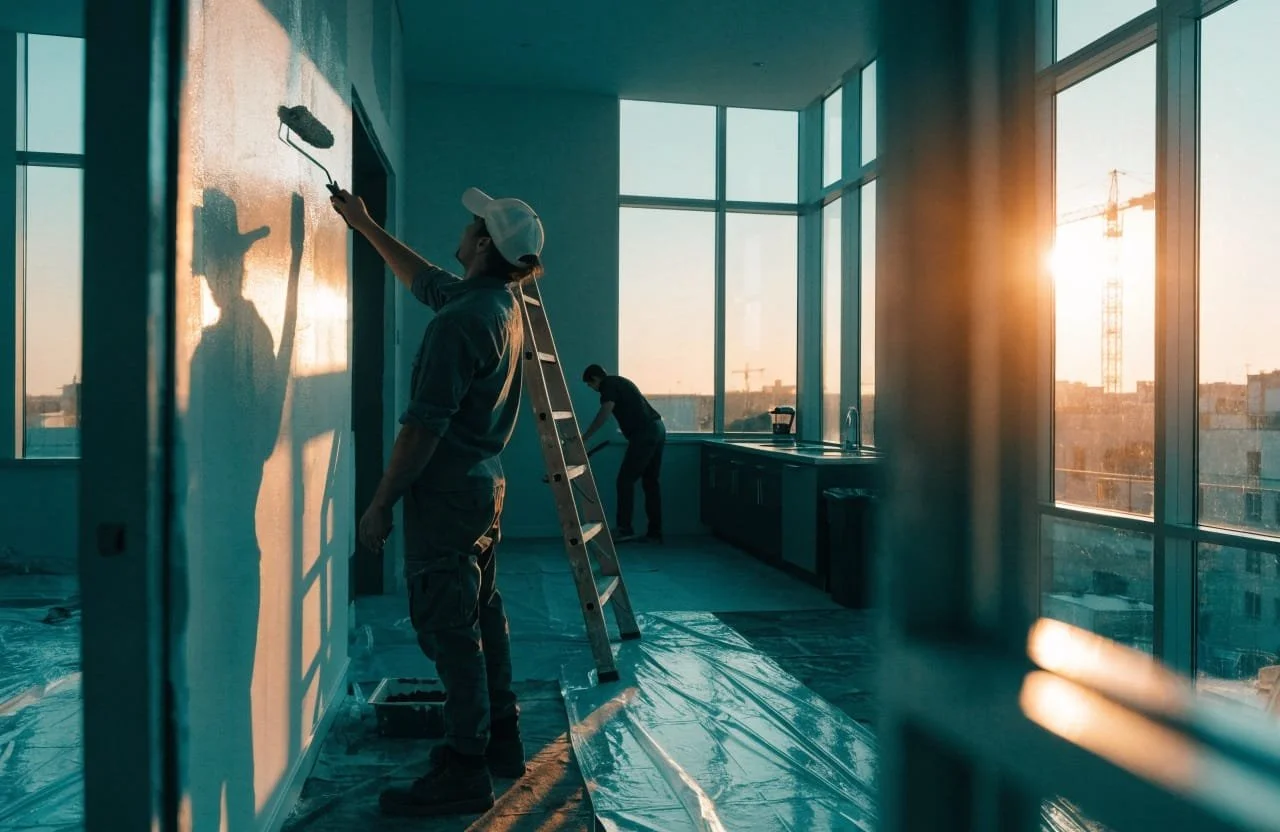 Two workers painting a wall in a room with large windows during sunset. One is on a ladder using a paint roller, and the other is near the window with painting tools.