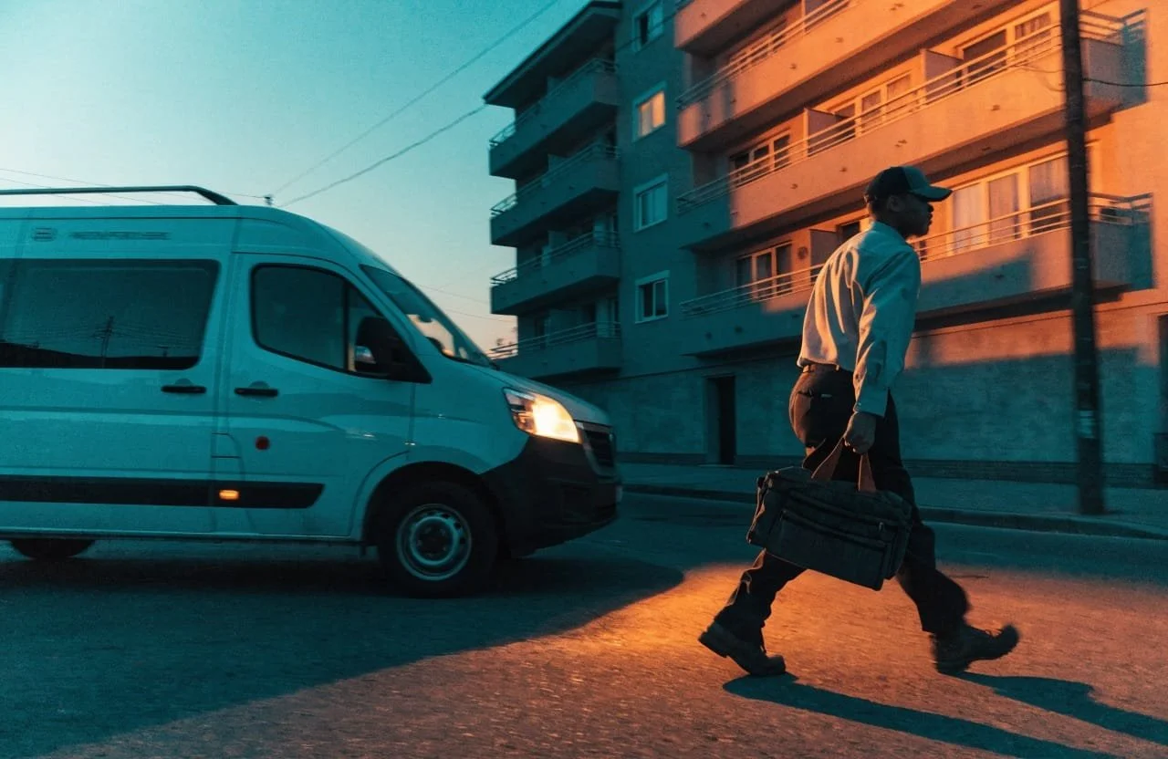 A man walking on a city street during sunset, carrying a briefcase, with a white van passing by, and a multi-story apartment building in the background.