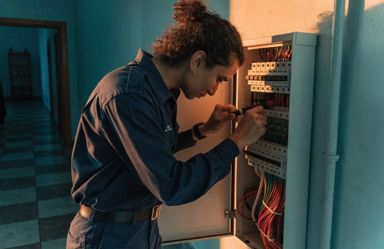 A person working on an electrical panel with a screwdriver in hand, inside a building with checkered flooring.