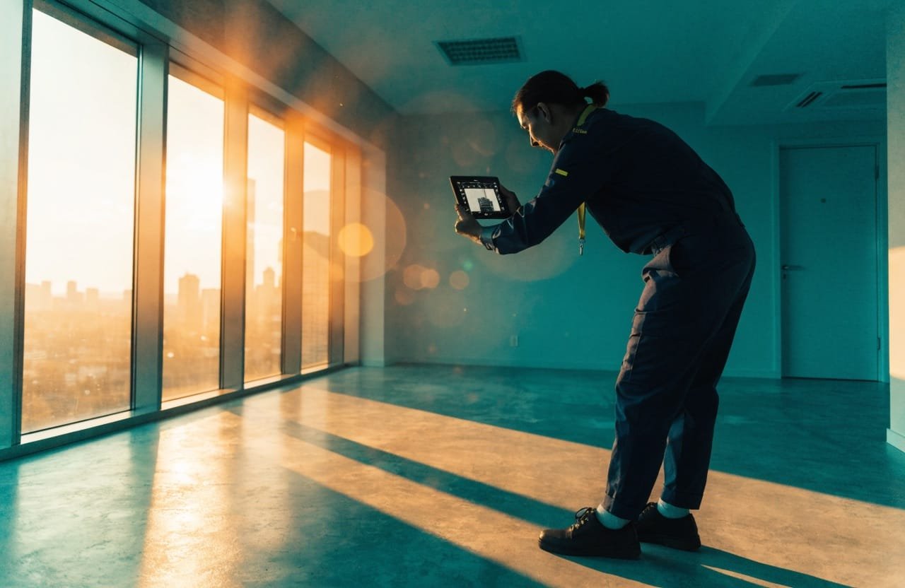 A person wearing a uniform stands in an empty room with large windows, taking a photo or video with a tablet, as sunlight streams in through the windows.
