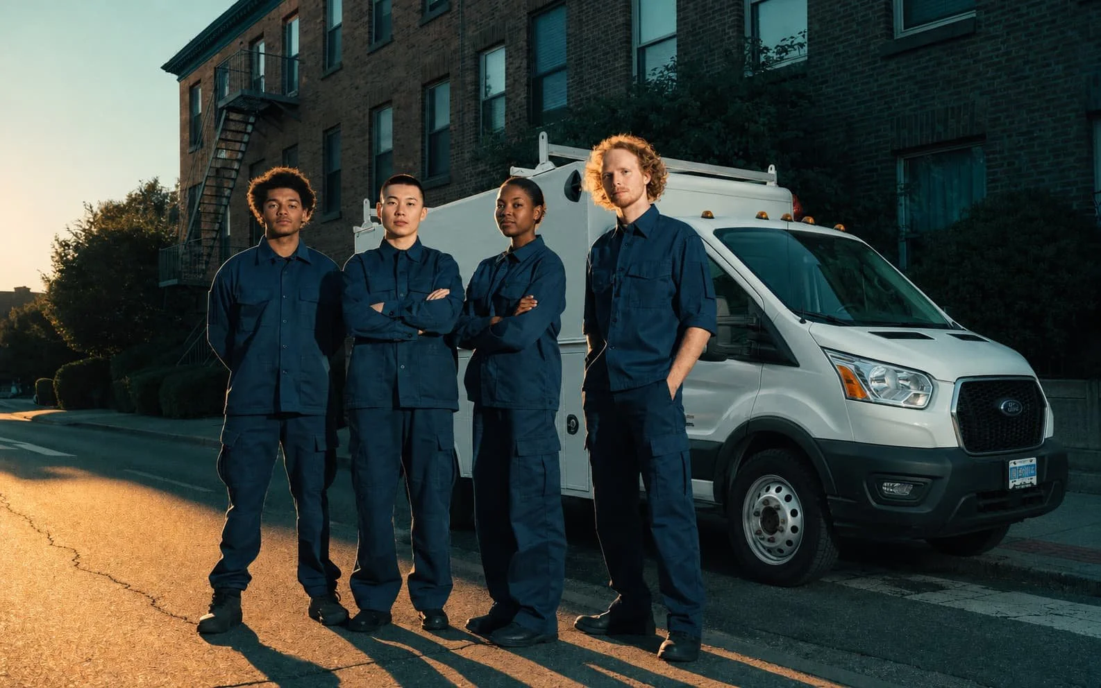 Four diverse workers in blue uniforms standing with arms crossed in front of a white utility van on a city street during sunset.