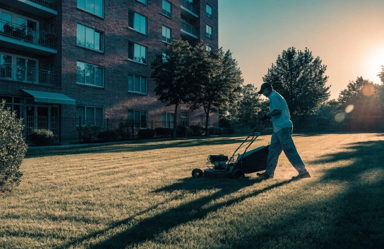 A person mowing a lawn near a multi-story apartment building during sunset.