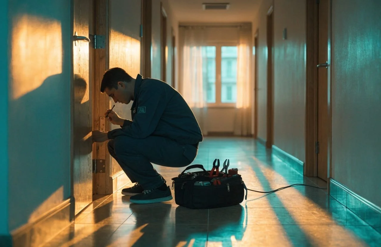 A young man kneels in a hallway, working on a lock on a door. He has a tool in hand, and a toolbox with tools is on the floor beside him. The hallway is lit by warm, natural light coming through the window at the end.