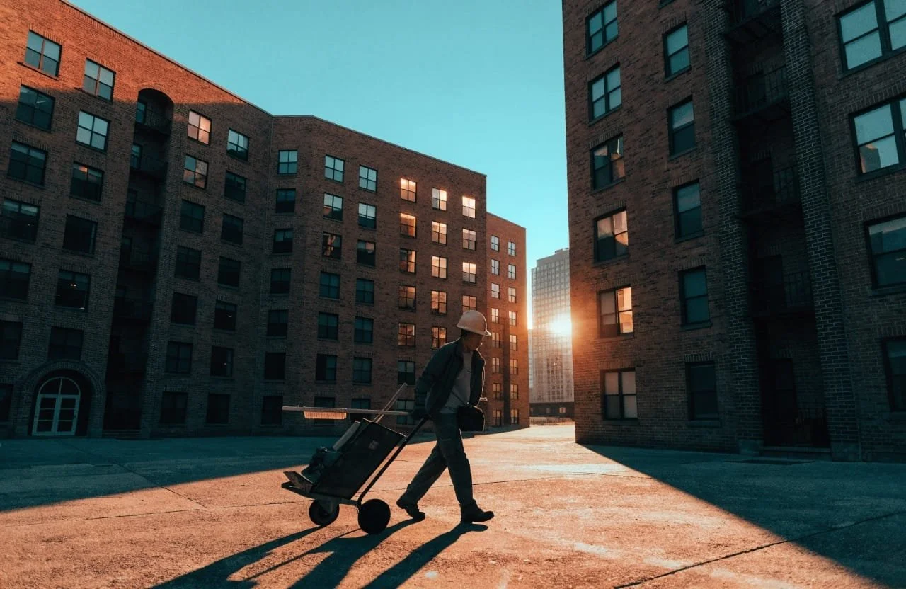 A person wearing a hard hat and casual clothing walking through an urban courtyard with brick apartment buildings during sunset, pulling a rolling suitcase.