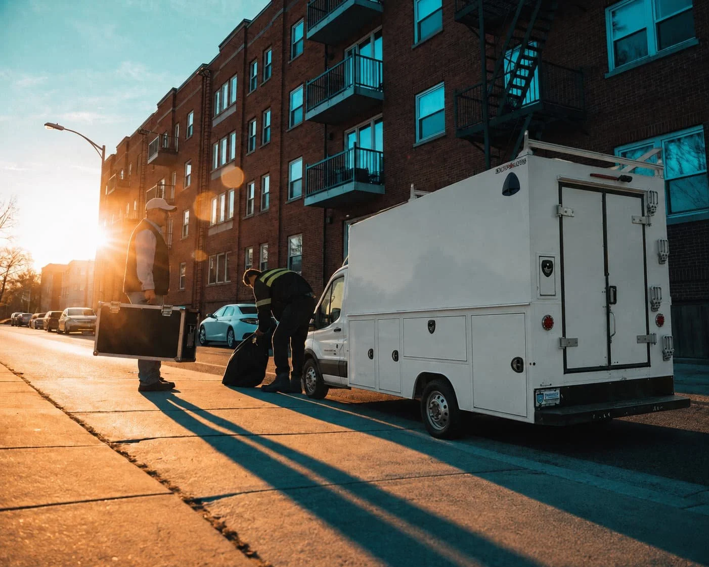 Two workers loading equipment into a white mobile service vehicle on a city street during sunset. One worker is holding a briefcase, and the other is placing items into the vehicle's compartment, with multiple apartment buildings in the background.