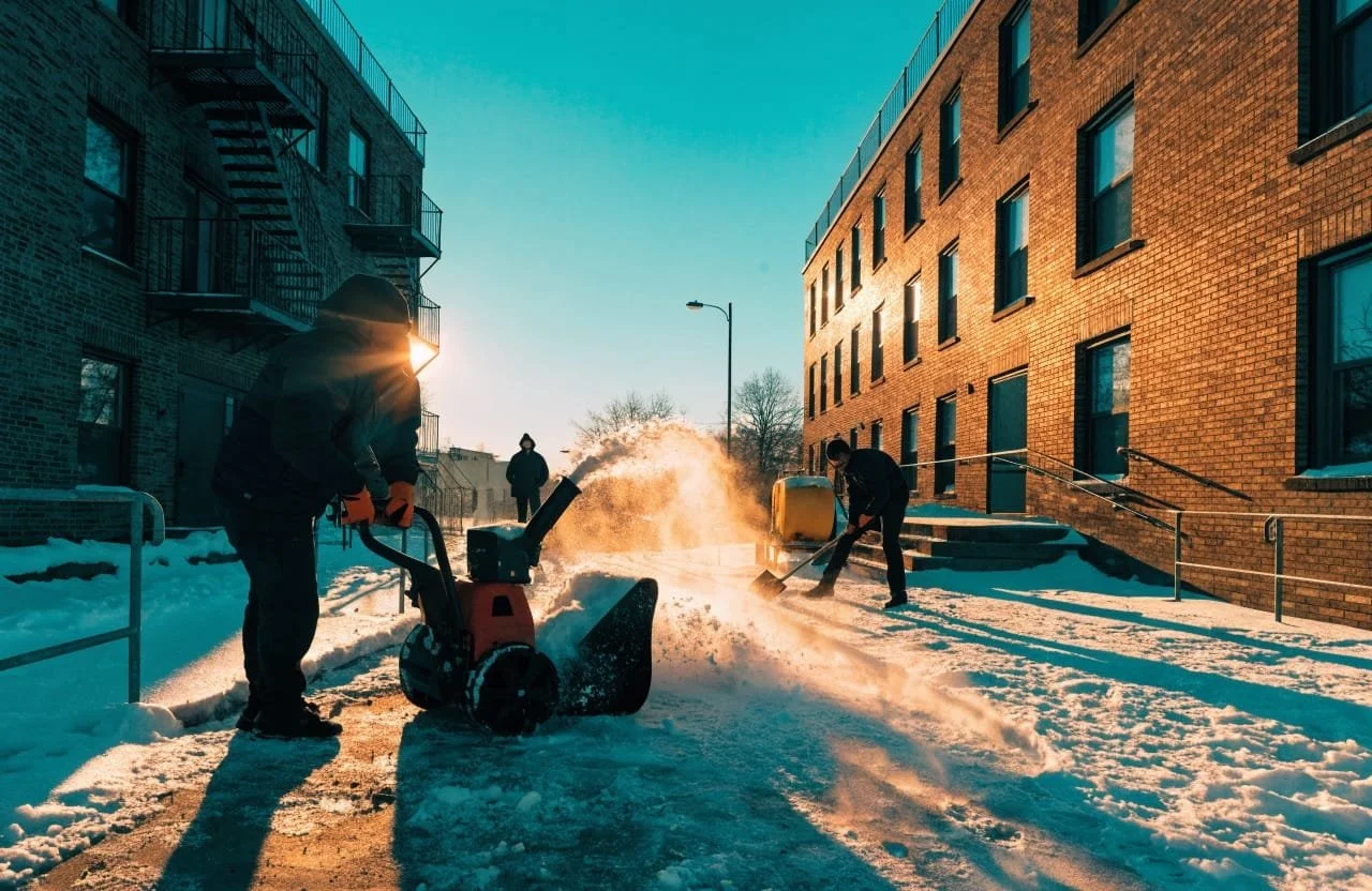 People clearing snow from a sidewalk using snow blowers and shovels, with a brick building and clear sky in the background during sunset.
